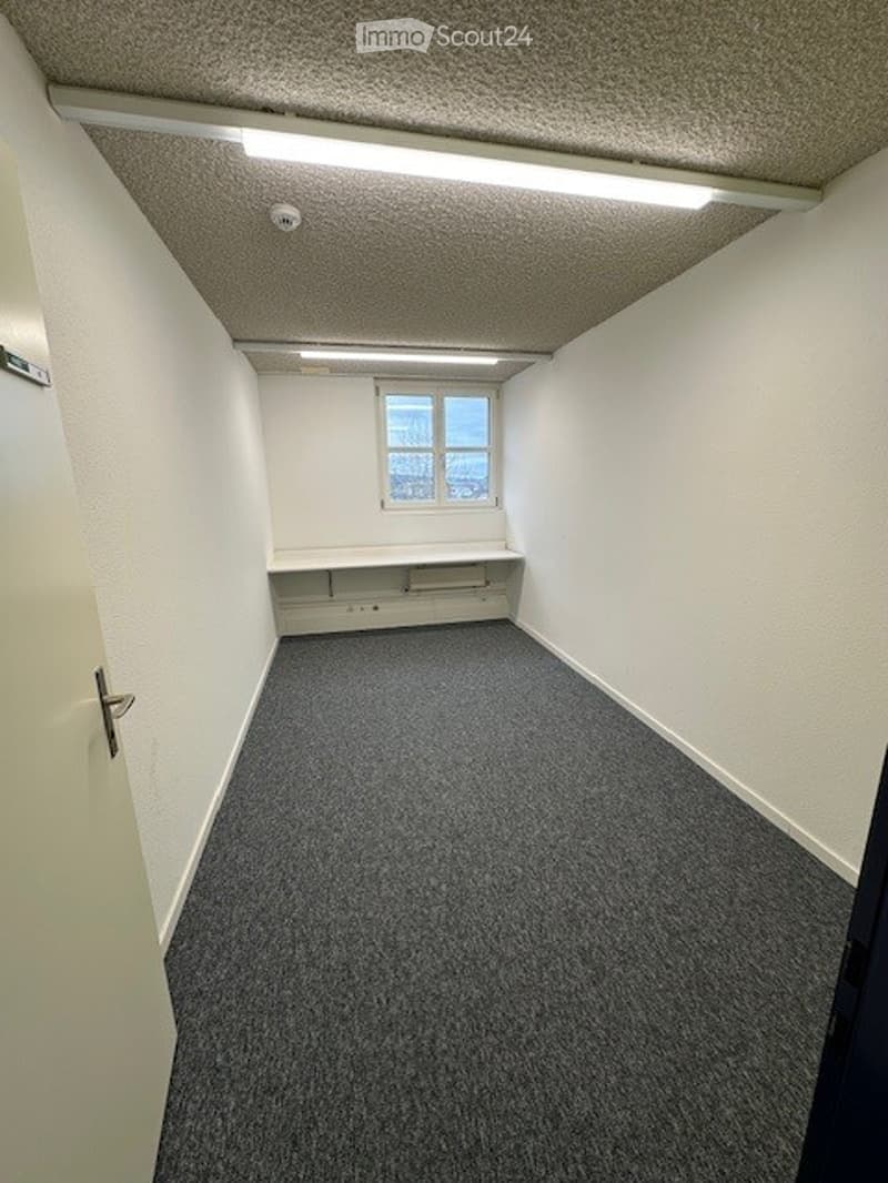 empty room with gray carpet, white walls, fluorescent ceiling light, small window, built-in shelf