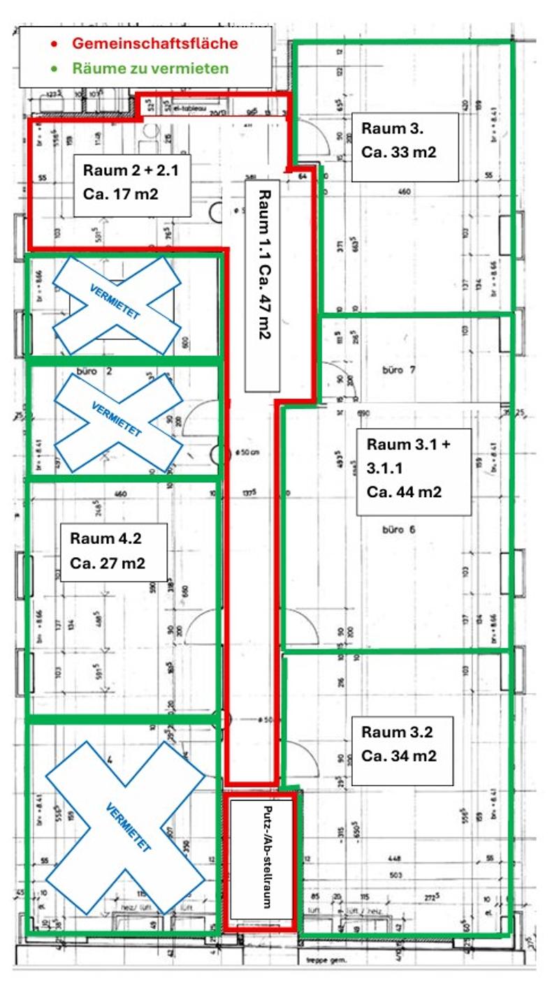 Floor plan showing multiple rooms and offices, including Raum 1.1, Raum 2+2.1, Raum 3, Raum 3.1, Raum 3.1.1, Raum 3.2, Raum 4.2, and several büros. Rooms are marked with approximate square meterages and some are marked as 'VERMIETET' (rented).