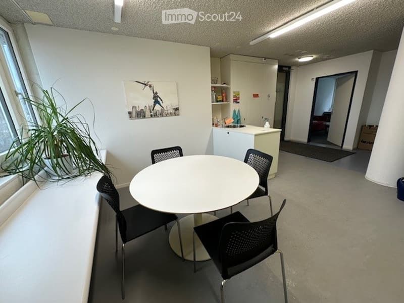 modern office space, white walls, round table, chairs, kitchen counter, plant, poster, white and black furnishings