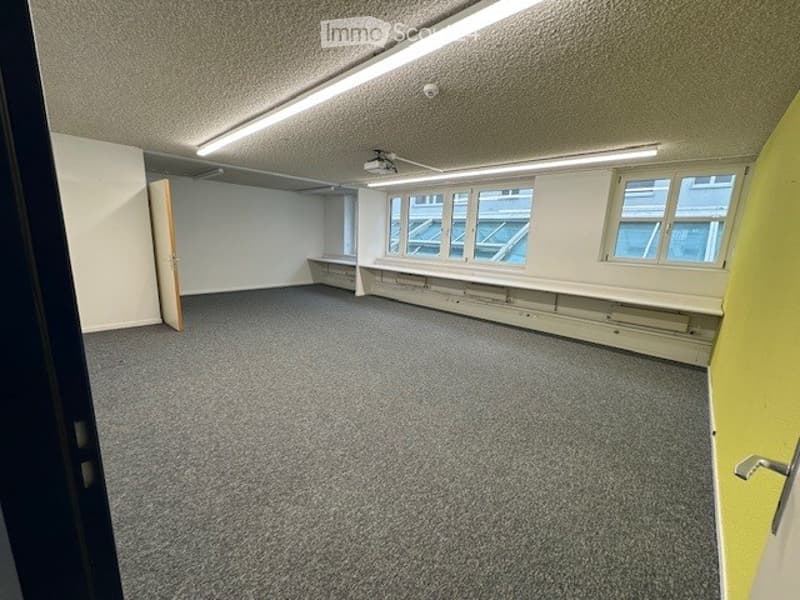 large empty room, gray carpet, white walls, large windows, overhead lights, two open shelves on the wall, a door on the left side.