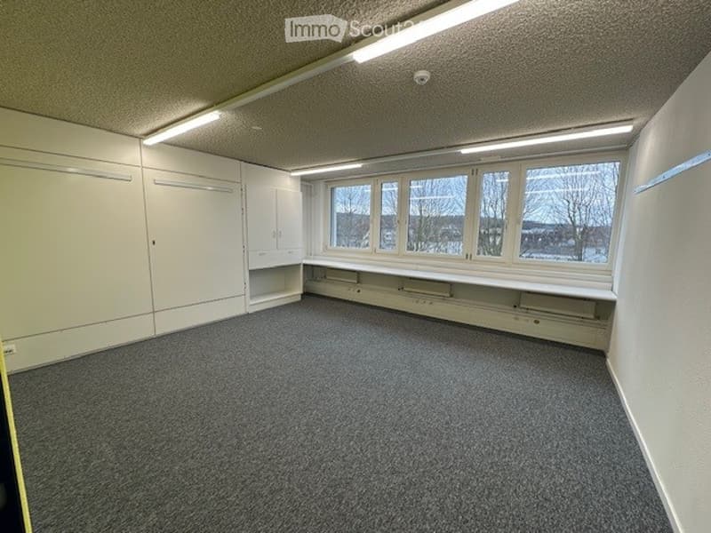 An empty room with a gray carpet on the floor, white cabinets, a window, and overhead lighting