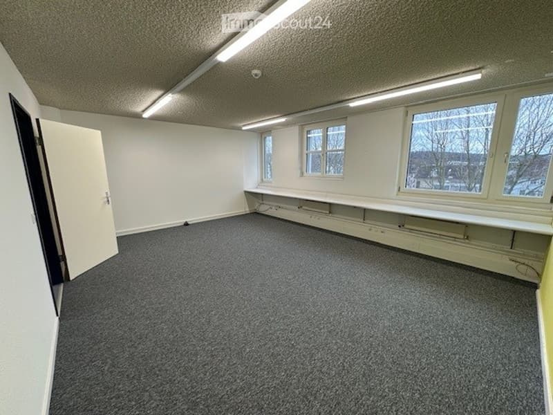 empty room, gray carpet, white walls, ceiling lights, door, windows, built-in shelves