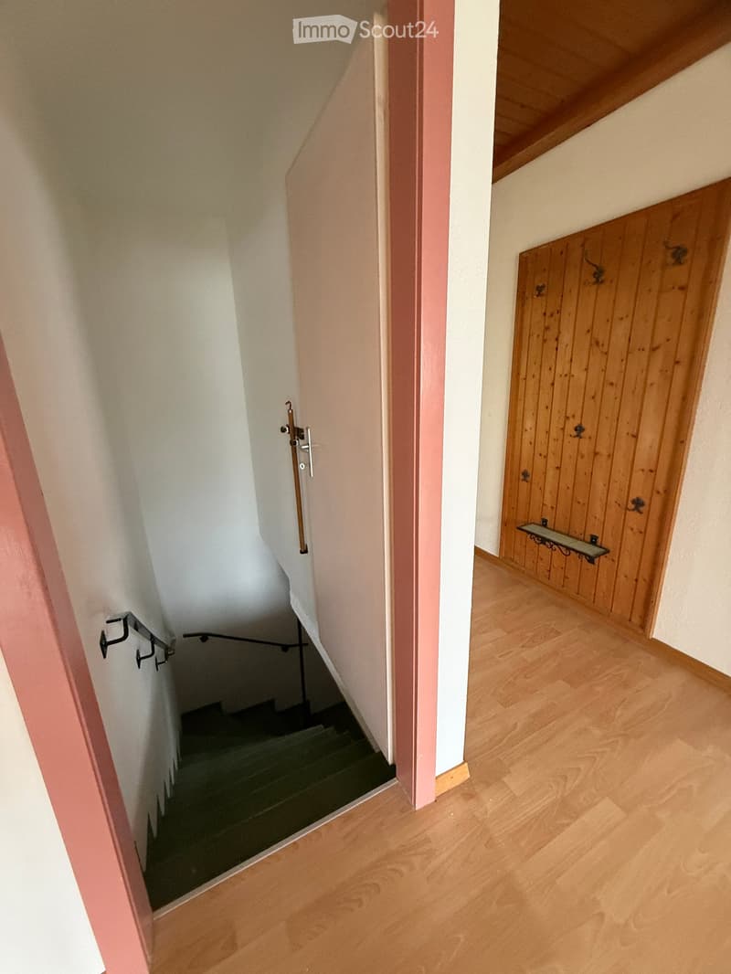 staircase leading down to a raised ground floor, wooden handrail, wooden steps, wooden interior walls, wooden paneled exterior wall