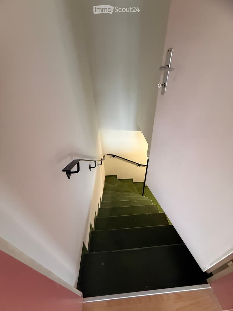 Interior staircase with black handrails and steps