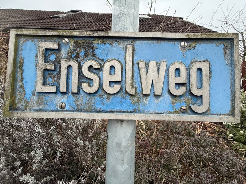 Blue road sign with the text 'Enselweg' attached to a metal pole