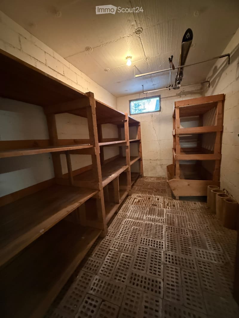 two sets of wooden shelves, skis on the ceiling, single light, white brick walls, open window, empty