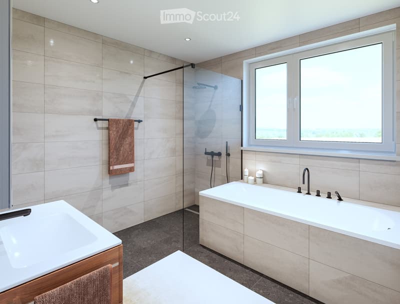 Shower area with glass door, white bathtub, tiled floor, wooden cabinet with towel hanger, vanity sink, wall-mounted faucet, double window, wall tiles