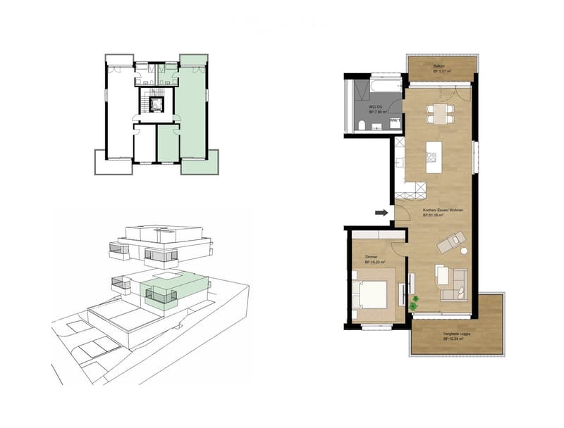 Floor plan showing a living room, kitchen, dining area, two bedrooms, two bathrooms, a balcony, and a veranda.