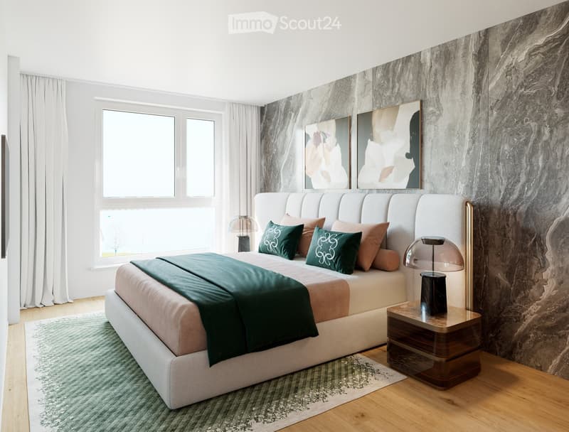 Modern bedroom, large double bed, beige headboard, gray comforter, white rug, nightstand with lamp, decorative pillows, two large wall art, white curtains, window with view of outside