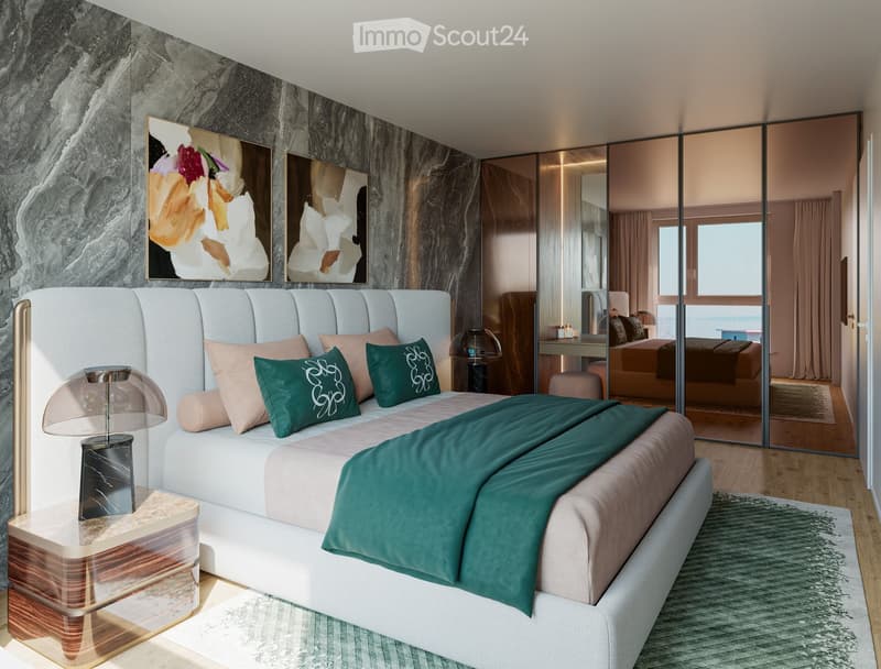 King size bed, two nightstands, lamp, carpet, two paintings, walk-in closet, separate sleeping area