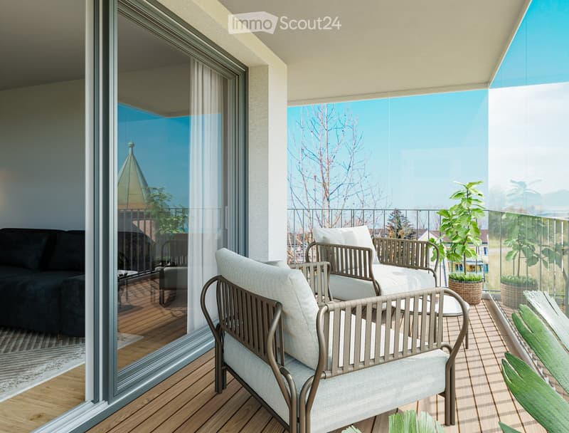 wooden deck, two lounge chairs, two round side tables, two potted plants, view of trees and building from inside