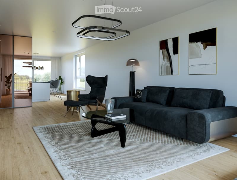 Living room with a grey couch, coffee table, rug, modern lamps, a black chair, and a gold stool
