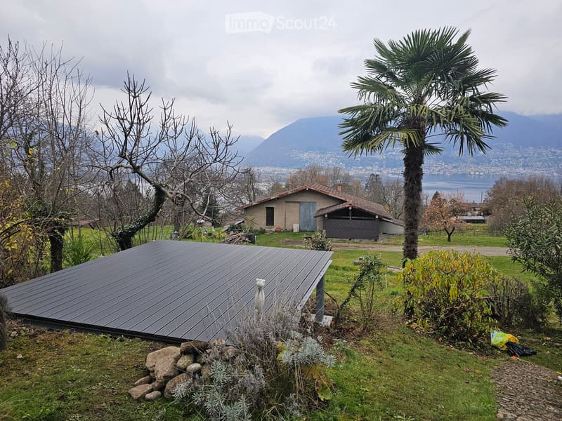 flat grassy area, shed, black wooden deck, palm tree, houses, mountains, view of lake