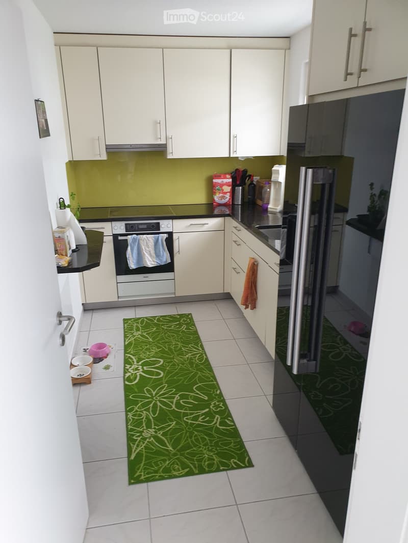 modern kitchen, white cabinets, green wall, black countertop, integrated appliances, large refrigerator, kitchen appliances, white tiles
