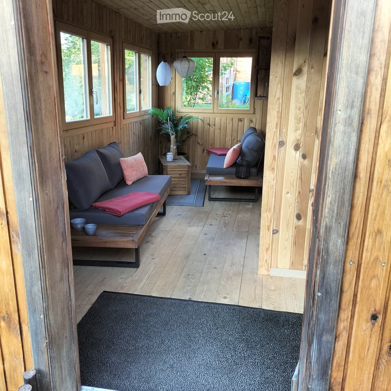 Wooden interior, couch with pillows, small table, potted plant, rug, windows, wooden floor