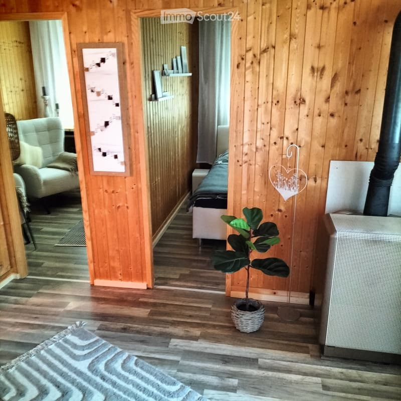 Wooden walls, wooden flooring, beige chair with throw pillows, rug, picture frame, plant in a wicker pot, a white cabinet