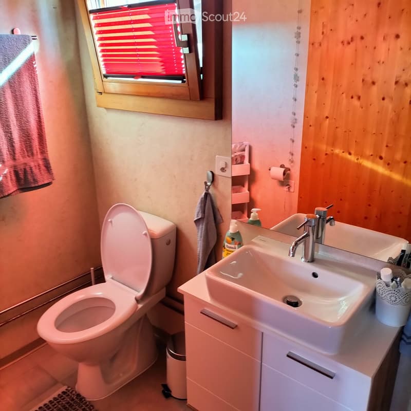 White toilet, open toilet lid, open sink, mirror, shelves, towel, cleaning products, toilet paper roll, small door