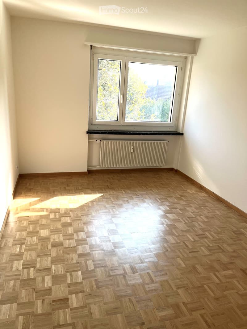 Empty room with hardwood floor, white walls, large window, white radiator under window