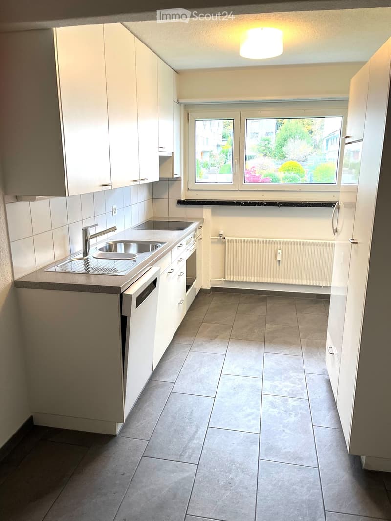 modern kitchen with white cabinets, a sink with a faucet, a dishwasher, a countertop, and a large window