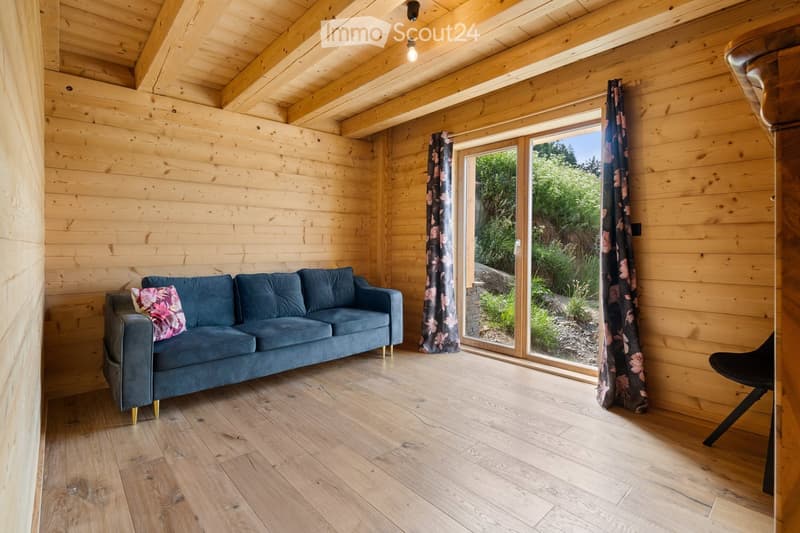 Spacious living room with wooden walls and ceiling, hardwood flooring, large windows overlooking a natural outdoor area, and a comfortable blue sofa with floral accent pillows.