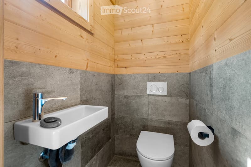 The image shows a bathroom with a wooden ceiling, gray tiled walls, a white sink, and a white toilet. The bathroom appears to be modern and well-designed.