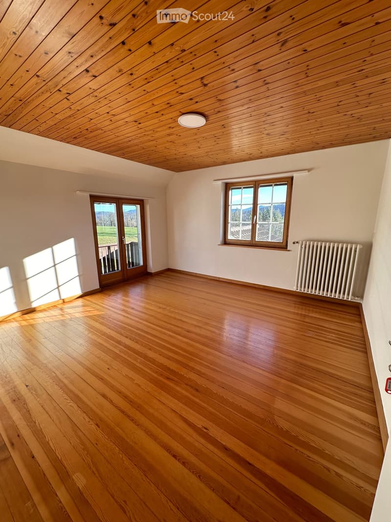 large room, wooden floor, white walls, balcony, windows, white heater