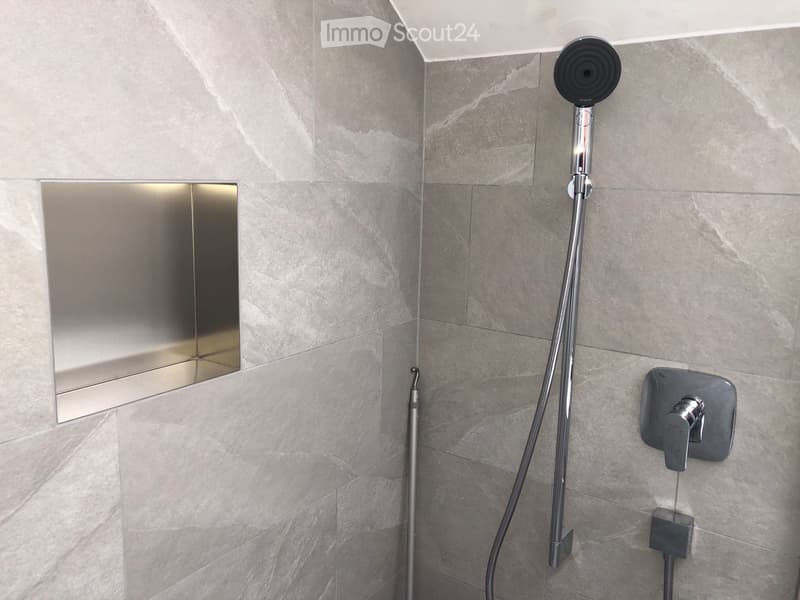 tiled walls, shower head, metal shower head holder, wall-mounted faucet, silver shelf