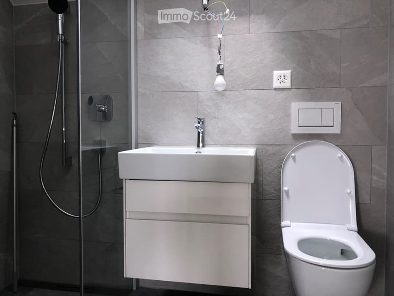 modern bathroom with shower, white sink, white toilet, gray tiles, power outlet, and light bulb