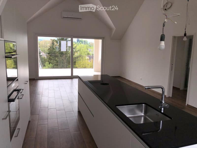 modern kitchen, white cabinets, black countertops, stainless steel sink, built-in oven, balcony with view