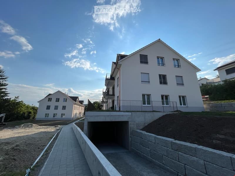 two story house, white facade, raised ground floor, windows, balcony, underpass
