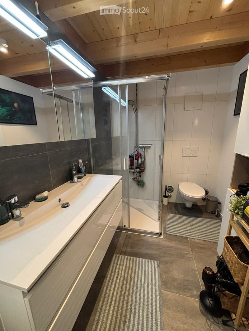 modern bathroom with a large sink, shower, toilet, and wooden ceiling