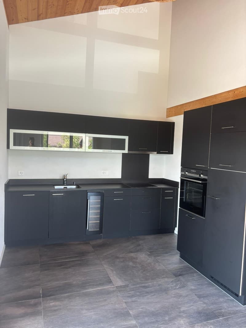 Modern kitchen with dark grey cabinets, stainless steel sink, and built-in oven. Features a sleek design with a wooden slanted ceiling and large windows.