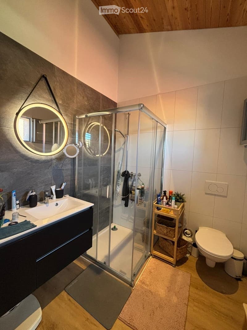 modern bathroom with glass shower, white sink, mirror, wooden floor, shelves, and toilet