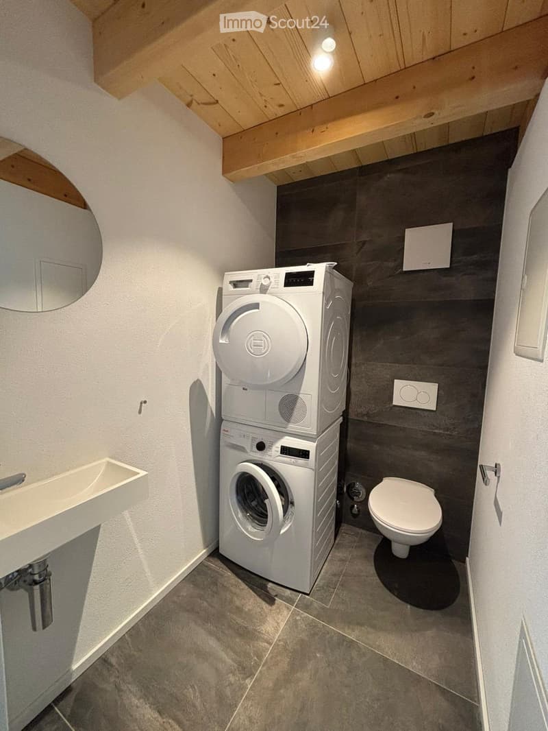 Modern bathroom with a white sink, toilet, and stacked washing machine. Features exposed wooden beams on the ceiling and dark grey tiled walls.