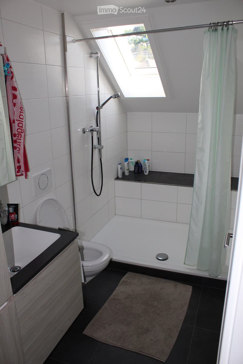 Compact bathroom with white tiles, small shower with glass door, sink, toilet, skylight window, shower accessories shelf, mat, no visible features in the image.