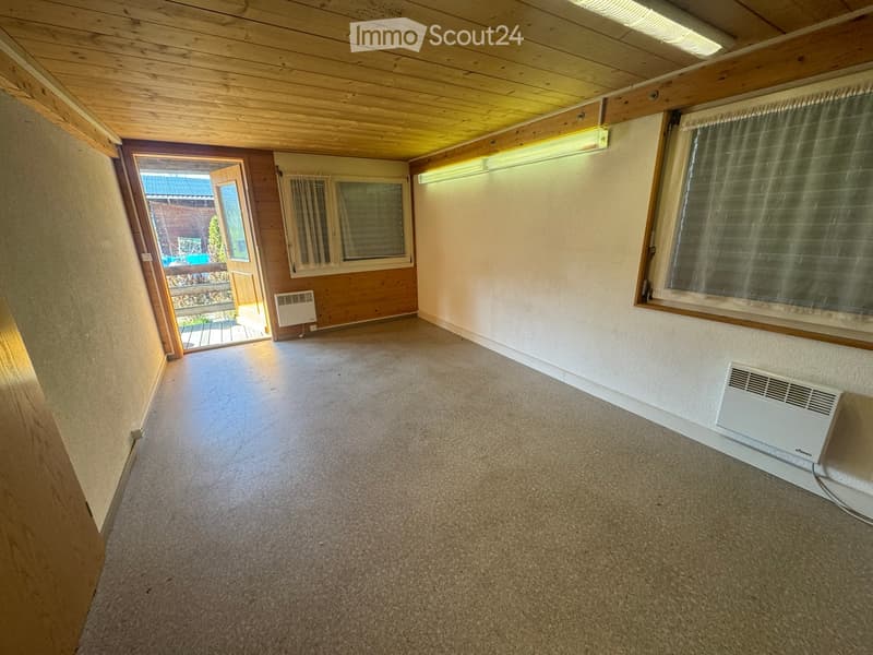 Empty room with wooden ceiling, carpeted floor, and large windows with curtains. Two wall-mounted heating units are visible, and there is an open doorway leading outside.
