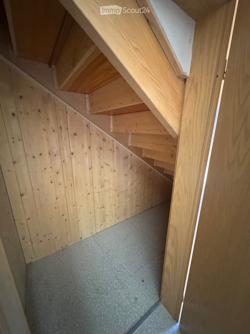 wooden stairs, wooden panels on wall, carpeted floor
