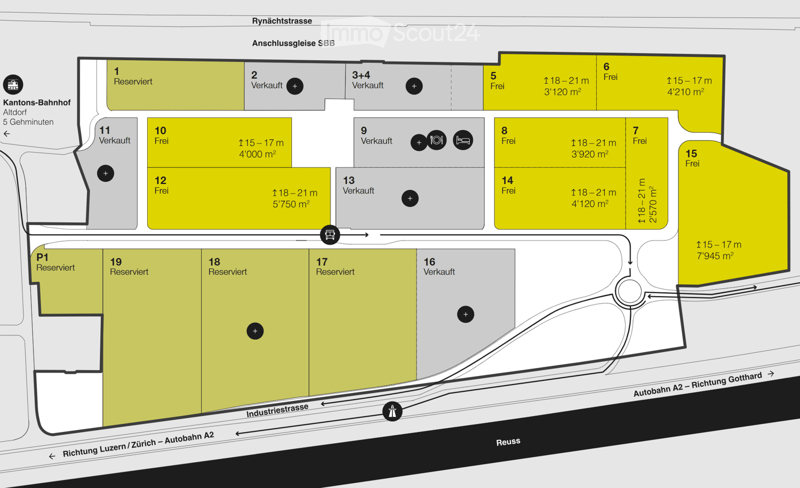 A floor plan with several apartment units indicated as sold or reserved, including sizes and specific features.