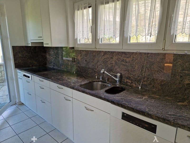 Modern kitchen, granite countertop, white cabinets, stainless steel sink, dishwasher