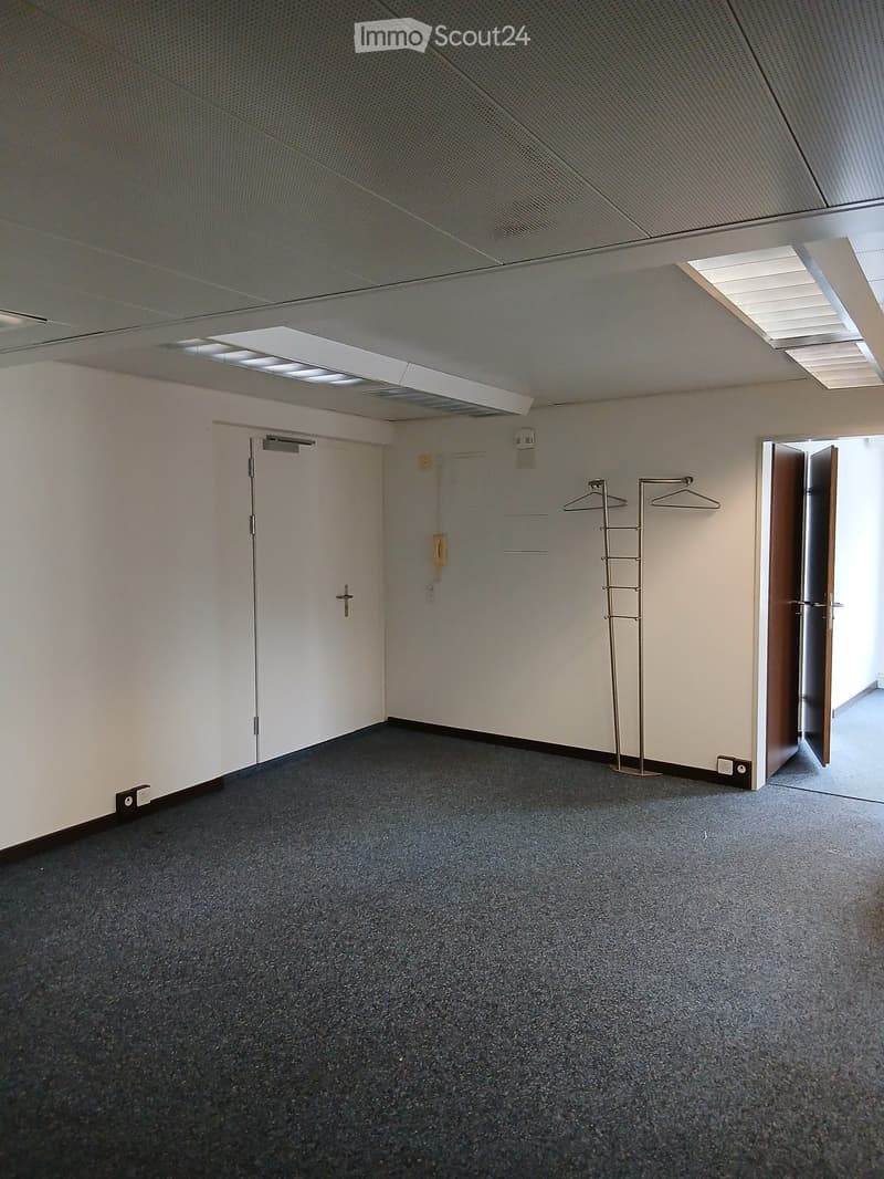 empty room with white walls, carpet floor, 2 doors, 1 hanging rack