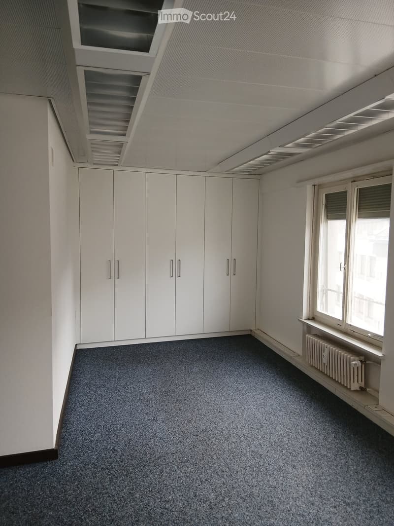 empty room with white walls, white wardrobes, gray carpet and white ceiling with lights
