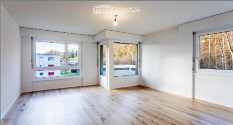 hardwood floor, white walls, large windows