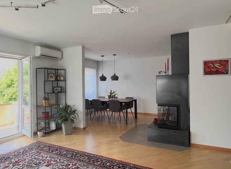 wooden floor, fireplace, glass door, rug, furniture, plant