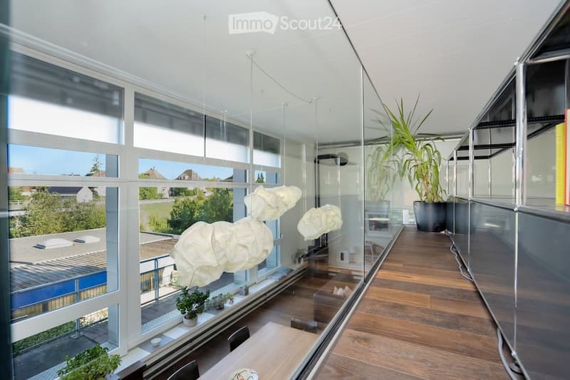modern design with large windows, wooden floor, glass walls, and potted plants, offering a bright and airy atmosphere with an outdoor view