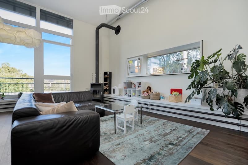 black leather sofa, glass table, white chairs, radiators, fireplace, large windows, balcony, potted plants
