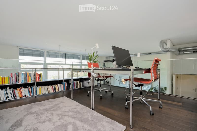 desk with 2 office chairs, monitor, bookshelves, rug