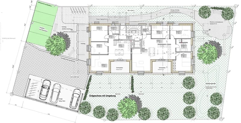 main entrance, living room, kitchen, 2 bedrooms, 2 bathrooms, terrace, storage room, carport, garden
