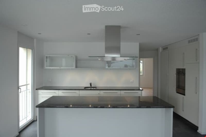 A contemporary kitchen with an island countertop, modern appliances, white cabinetry, and black granite countertops.