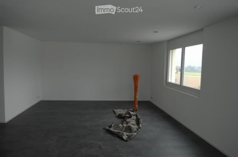 Empty room with white walls, black tiled floor, window, door