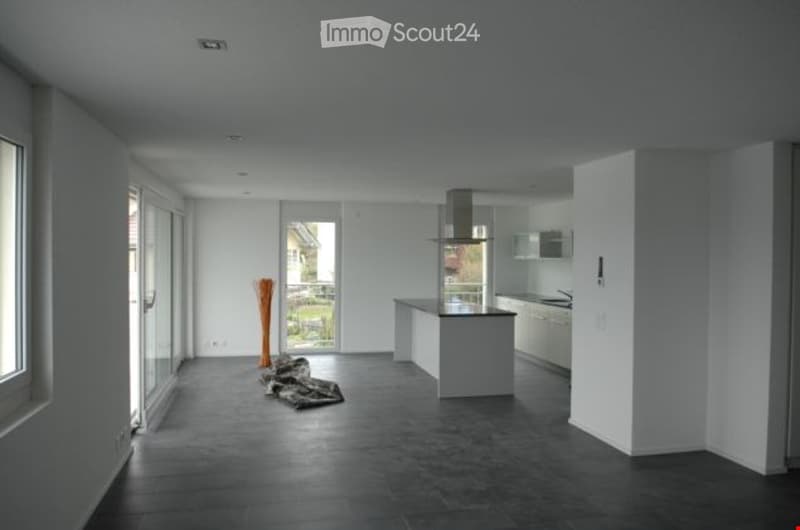 kitchen with counter island, white cupboards, glass windows, balcony